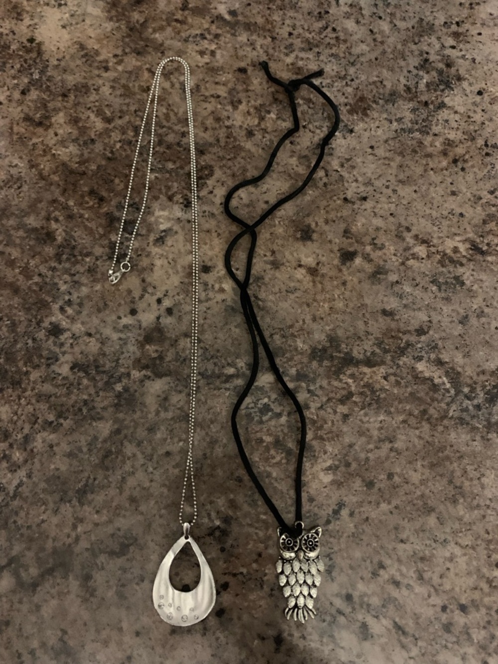 Silver Tone Teardrop Pendant Necklace w/ Crystals and Silver Owl Pendant Choker
